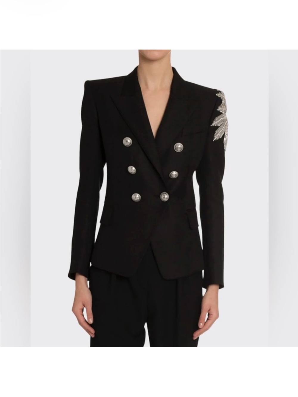 Balmain Black Double-Breasted Crystal Shoulder Blazer